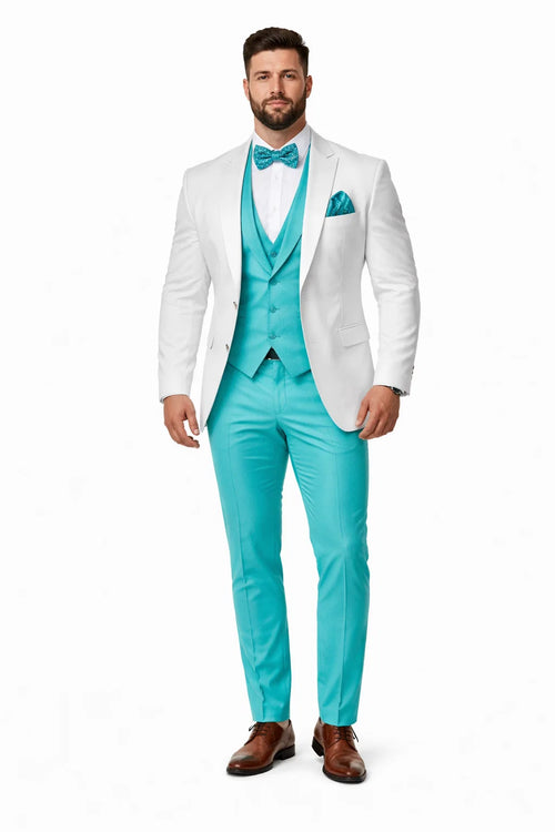 White and Turquoise Tuxedo Wedding Suit - White Dinner Jacket + Vest + Pants + Bow-tie