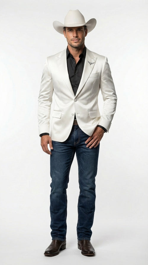 Men’s Shiny White Cowboy Blazer – Western Style Satin Finish Blazer for Party, Country Events and Evening Wear