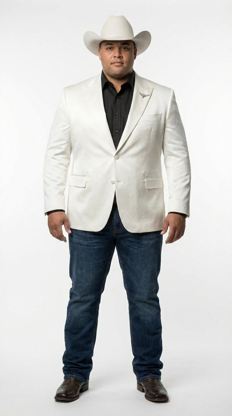 Men’s Shiny White Cowboy Blazer – Western Style Satin Finish Blazer for Party, Country Events and Evening Wear