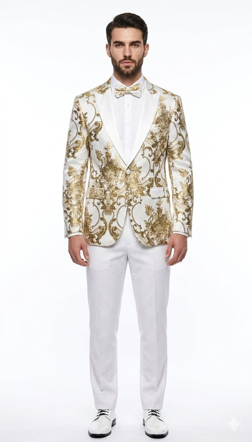 Mens White and Gold Floral Tuxedo Jacket with Satin Lapel - Luxury Prom, Wedding and Formal Dinner Blazer by USA Men's Outlet