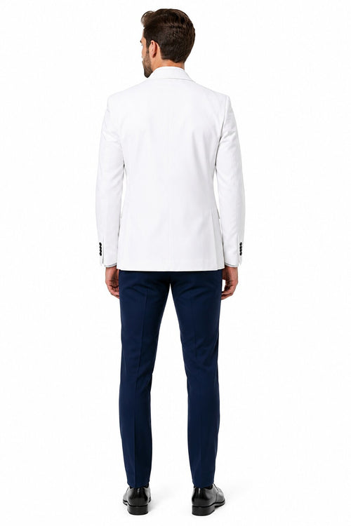 White and Navy Blue Tuxedo Wedding Suit - White Dinner Jacket + Vest + Pants + Bow-tie by USA Men's Outlet