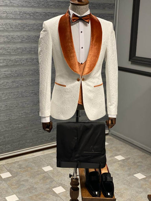 Luxury White Wedding Tuxedo with Orange Velvet Shawl Collar