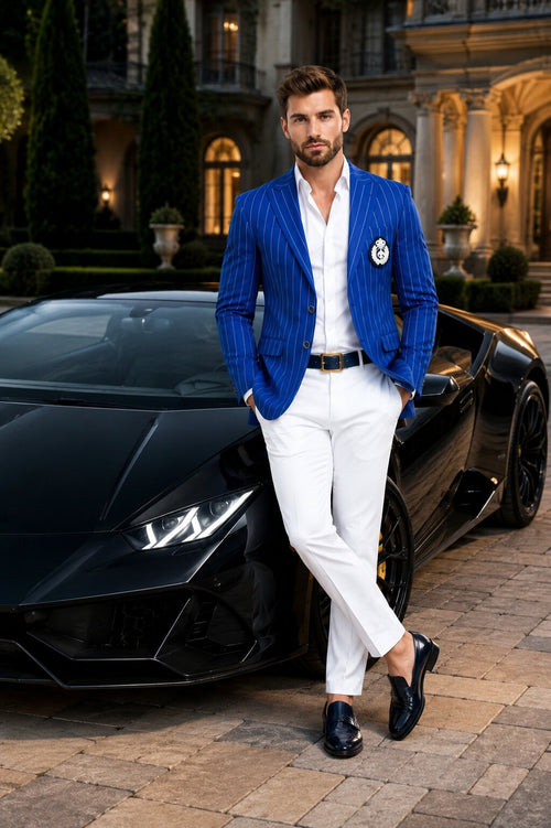 Royal Blue Pinstripe Blazer With White Pants - Suit Party Blazer by USA Men's Outlet