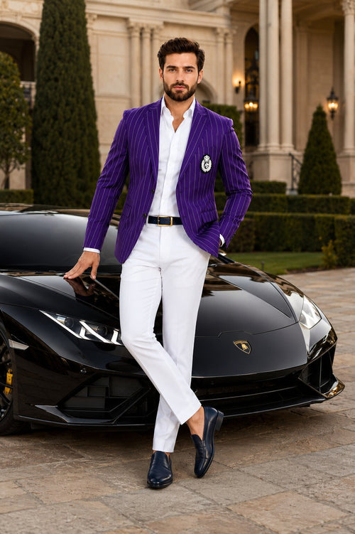 Purple Pinstripe Blazer With White Pants - Suit - Party Blazer by USA Men's Outlet