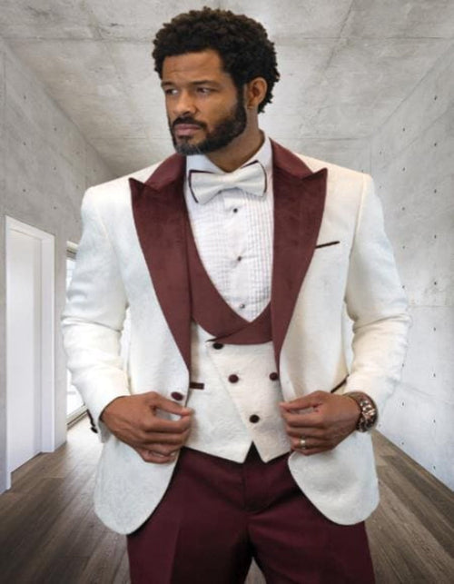 Maroon Tuxedo - Mens Burgundy Tuxedo Jacket + Vest + Pants - Single Breasted Wedding Tuxedo - Men's Tuxedo USA
