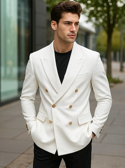 White, Six Button Double Breasted Suits Blazer Jacket Coat