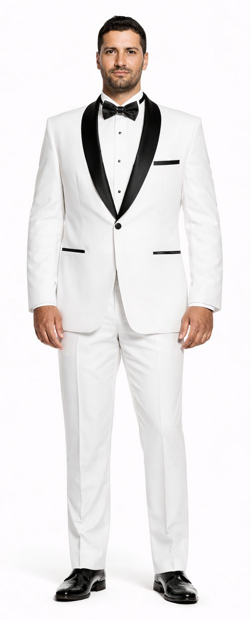 White Slim Fit Tuxedo with Black Shawl Lapel – Wedding & Prom