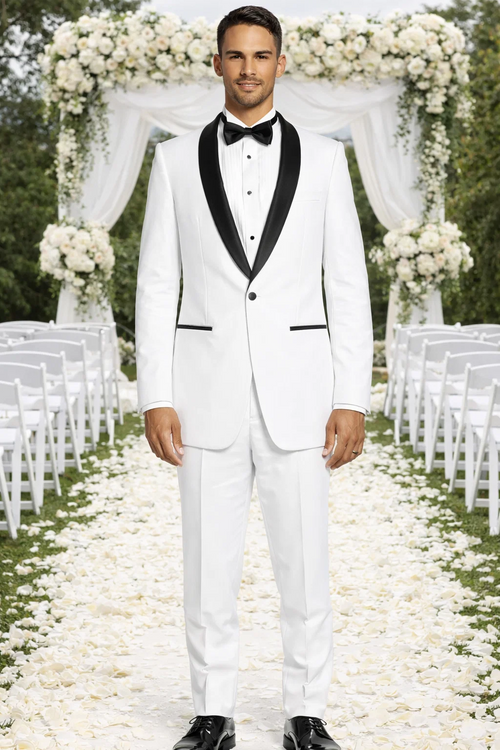 White Slim Fit Tuxedo with Black Shawl Lapel – Wedding & Prom