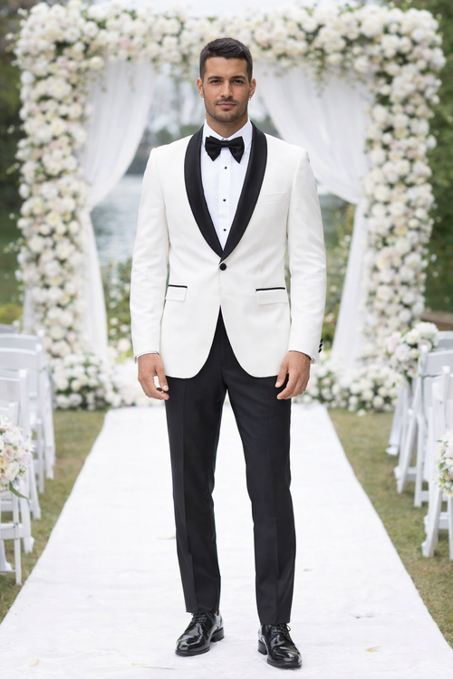 White Tuxedo Jacket with Black Satin Shawl Lapel – Slim Fit