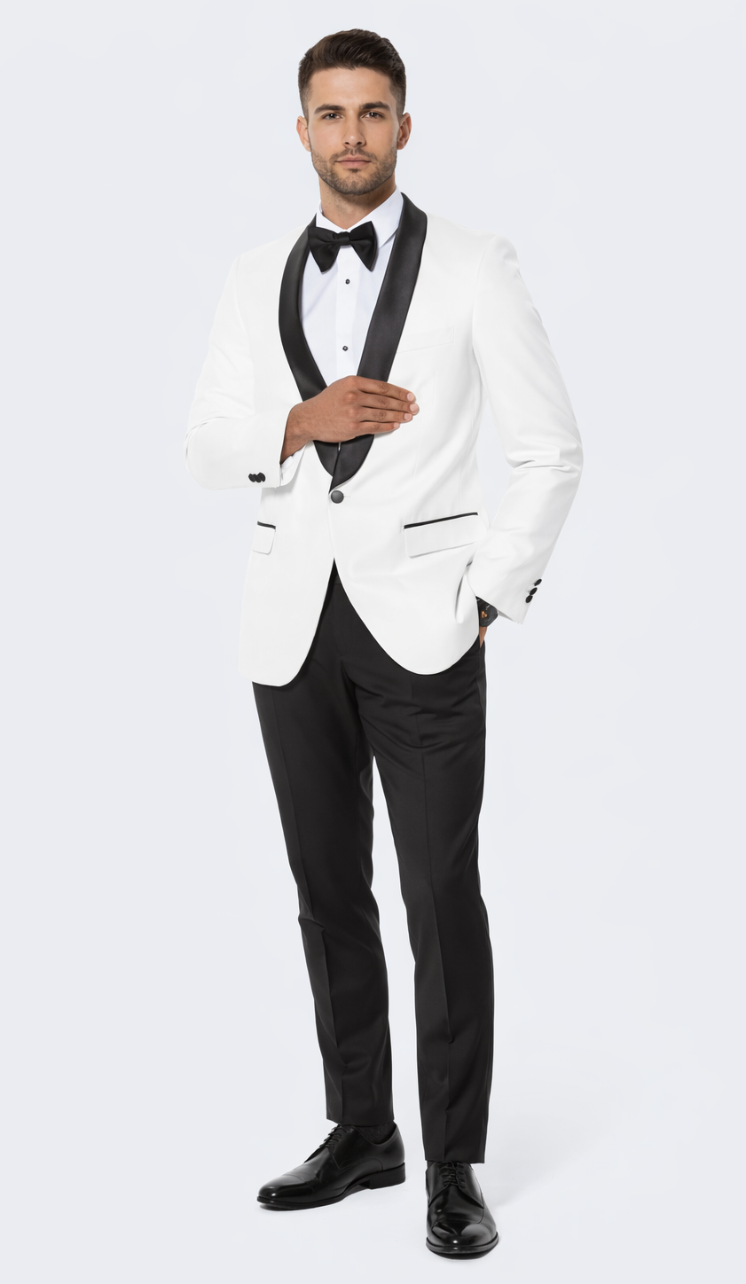 White Tuxedo Jacket with Black Satin Shawl Lapel – Slim Fit – SuitUSA
