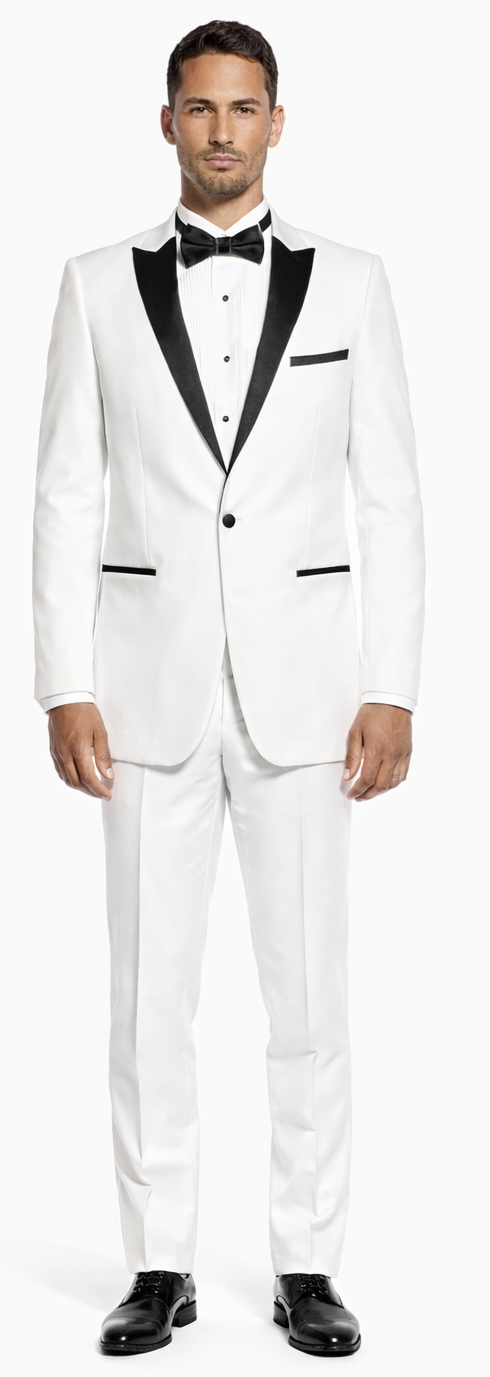 White Tuxedo with Black Peak Lapel Slim Fit - Wedding - Prom – SuitUSA