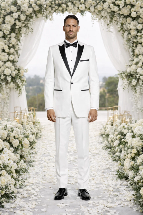 White Tuxedo with Black Peak Lapel Slim Fit - Wedding - Prom