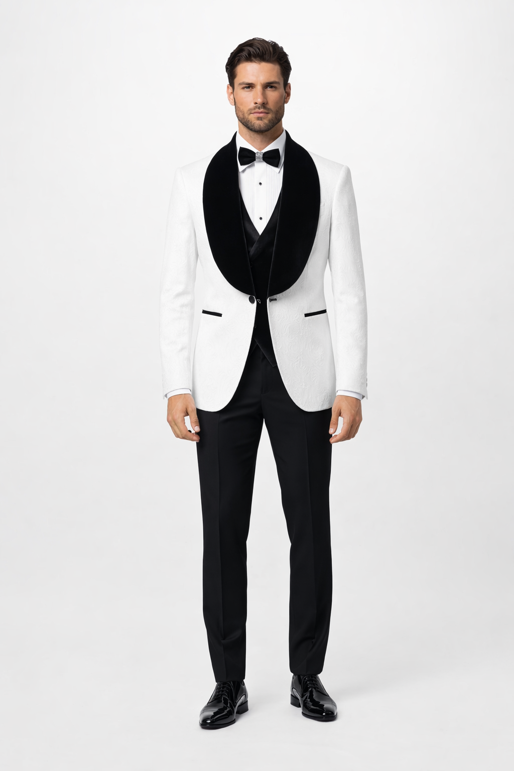 White with Black Velvet Lapel 3-Piece Tailored-Fit Tuxedo – SuitUSA