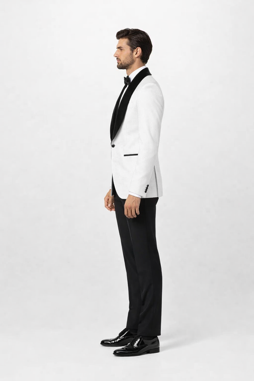 White with Black Velvet Lapel 3-Piece Tailored-Fit Tuxedo