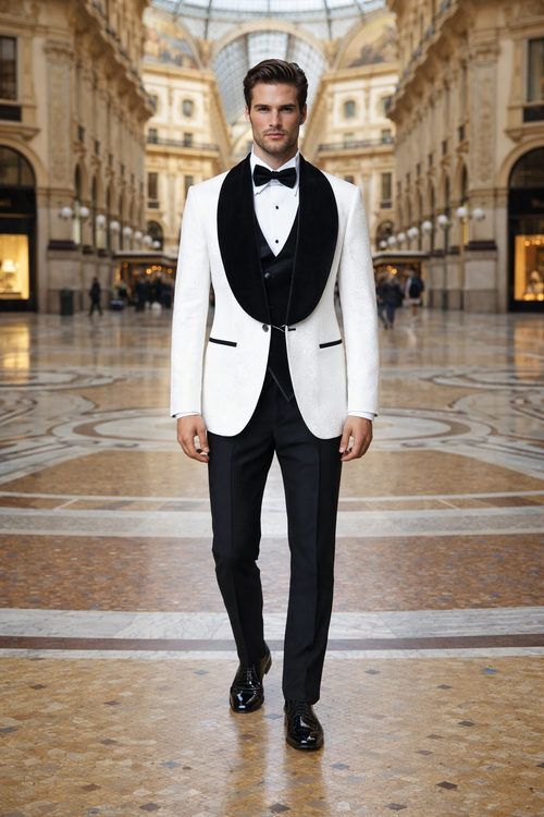 White with Black Velvet Lapel 3-Piece Tailored-Fit Tuxedo