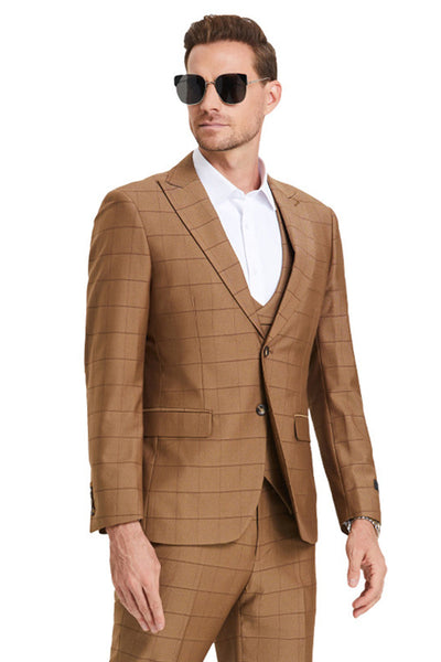 Men's Sharkskin Vested Suit in Camel Windowpane