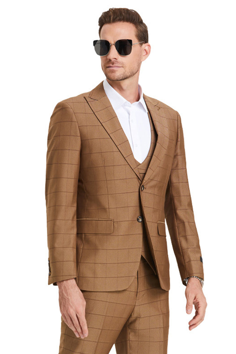 Men's Sharkskin Vested Suit in Camel Windowpane