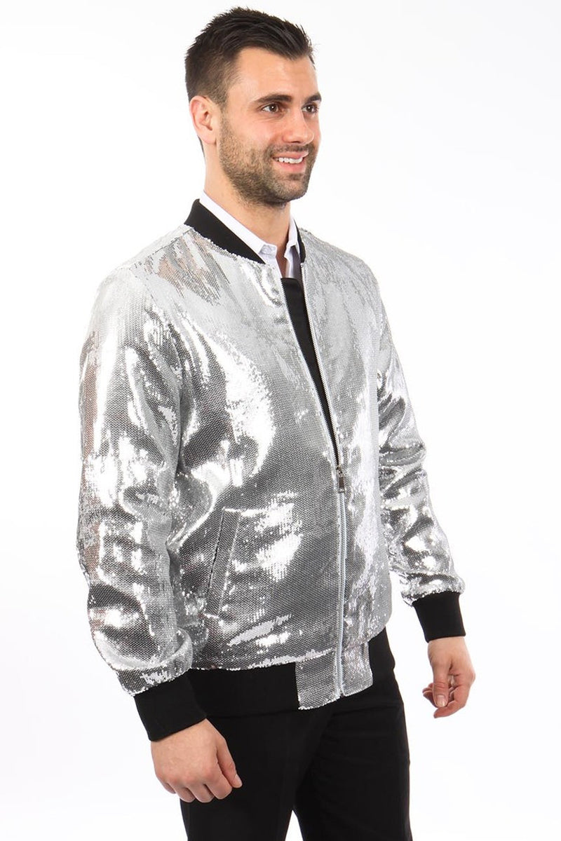 Men's Silver Sequin Bomber Jacket by Tazio Suits