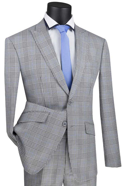 Mens 2 Button Peak Lapel Plaid Suit in Grey by Vinci Suits