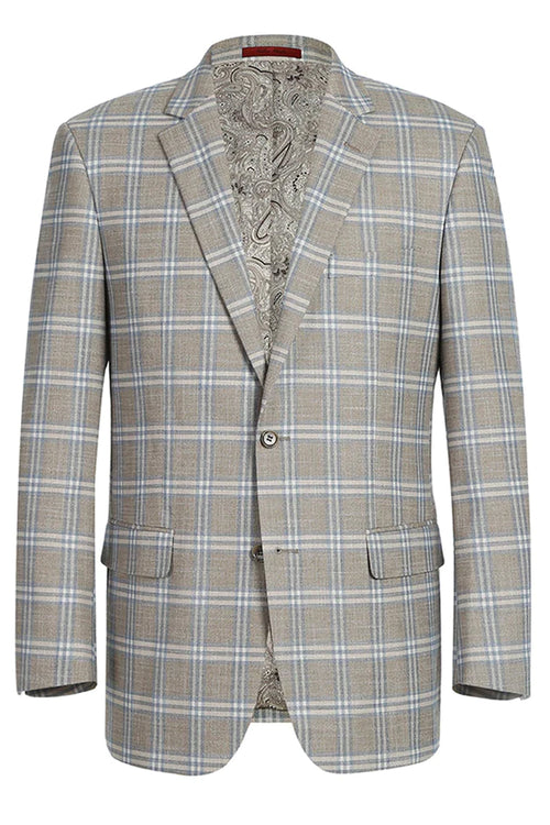 Mens Two Button Classic Fit Sport Coat Blazer in Grey Tan Windowpane Plaid by Renoirin