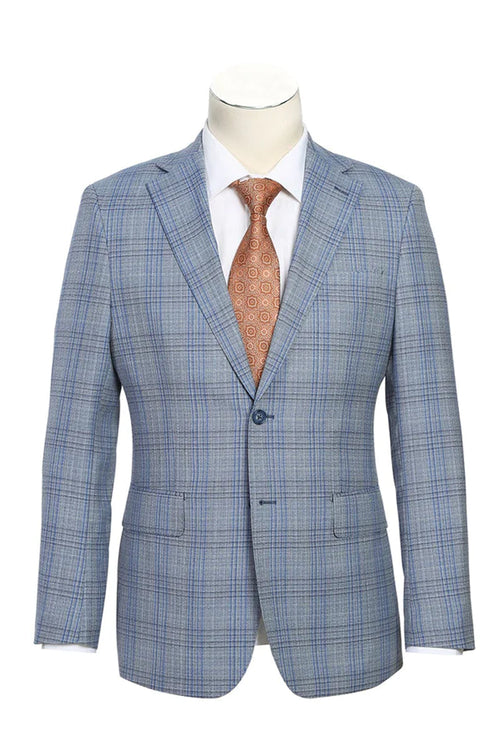 Mens Designer Two Button Slim Fit Notch Lapel Wool Suit in Light Grey & Blue Windowpane Plaid by English Laundry