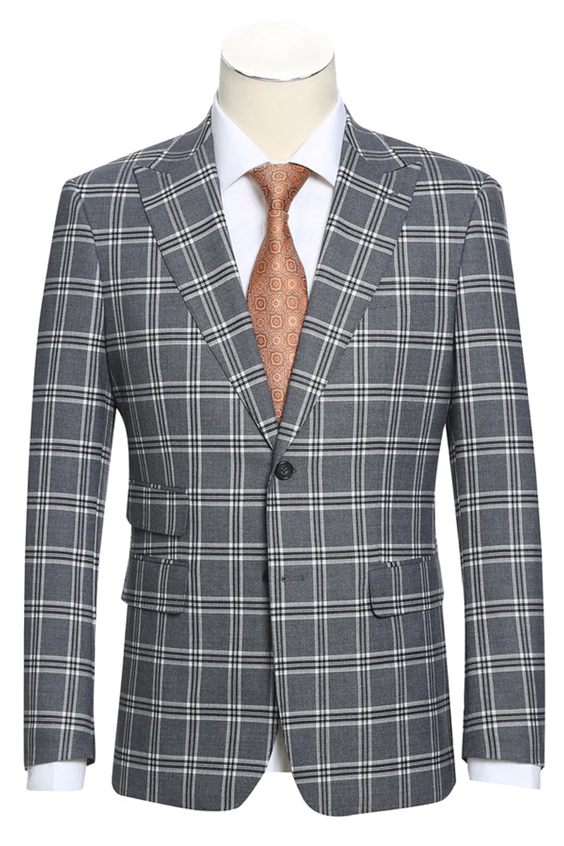 Mens Designer Slim Fit Peak Lapel Suit in Grey Windowpane Plaid by Statement