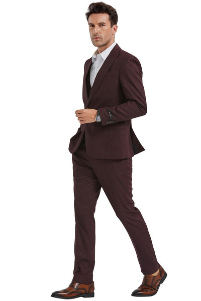 Men's Burgundy Sharkskin Slim Fit Suit with Double Vest