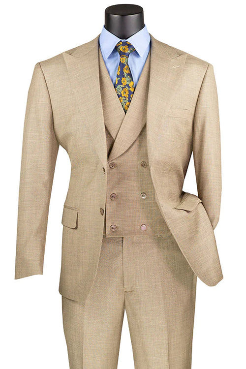 Men’s Summer Sharkskin Suit with Double Breasted Vest in Tan