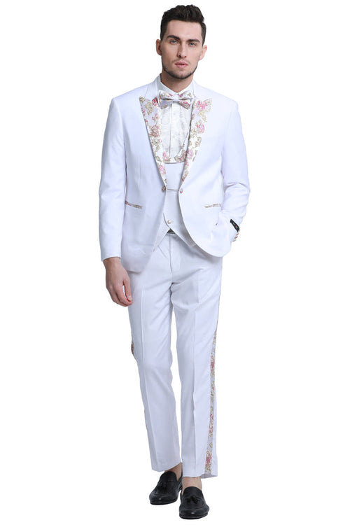 Men's White Vested Prom & Wedding Tuxedo with Floral Peak Lapel