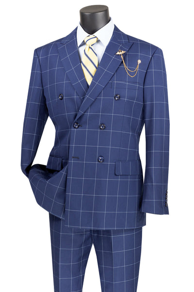 Mens Double Breasted Windowpane Plaid Suit in Blue