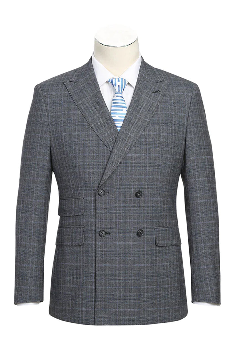 Mens Designer Slim Fit Double Breasted Suit in Light Grey Windowpane Plaid Check – SuitUSA