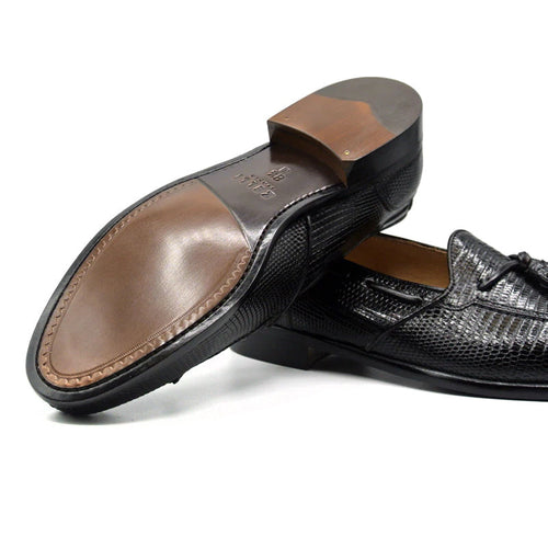 Zelli Franco Genuine Lizard Tassel Loafers in Black with Apron Toe