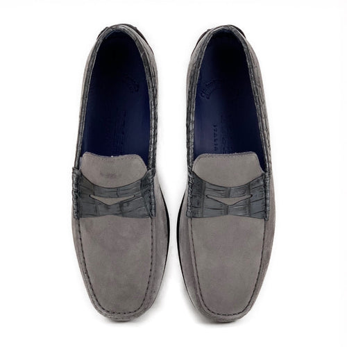 Zelli Monza Suede and Caiman Crocodile Driving Loafers in Gray
