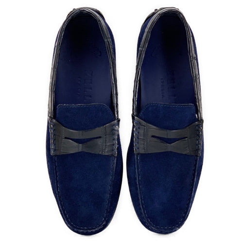 Zelli Monza Navy Suede and Caiman Crocodile Driving Loafers