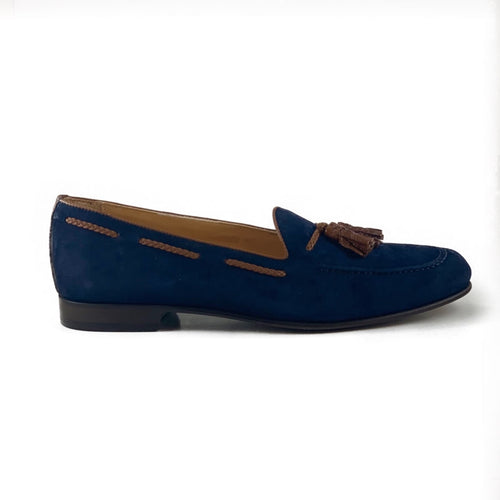 Zelli Naples Suede Loafers with Genuine Crocodile Tassels in Navy