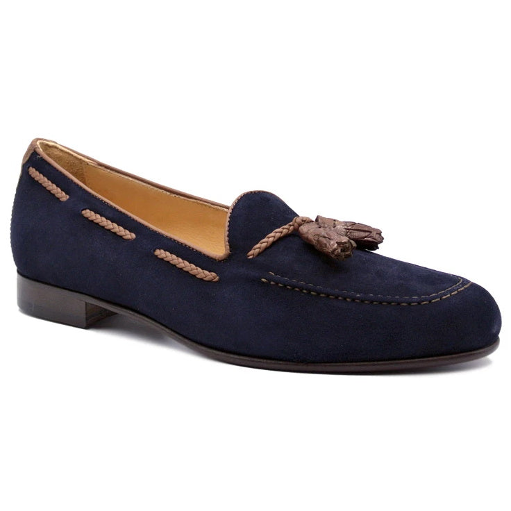 Zelli Naples Suede Loafers with Genuine Crocodile Tassels in Navy