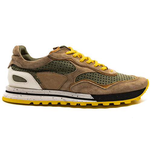 Zelli Raya Suede Calfskin Perforated Sneakers in Moss and Taupe