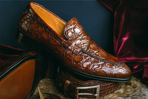 Zelli Roma Genuine Caiman Crocodile Penny Loafers in Cognac