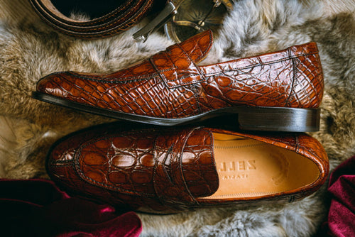 Zelli Roma Genuine Caiman Crocodile Penny Loafers in Cognac