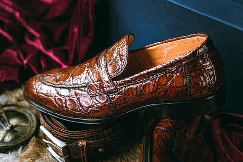 Zelli Roma Genuine Caiman Crocodile Penny Loafers in Cognac