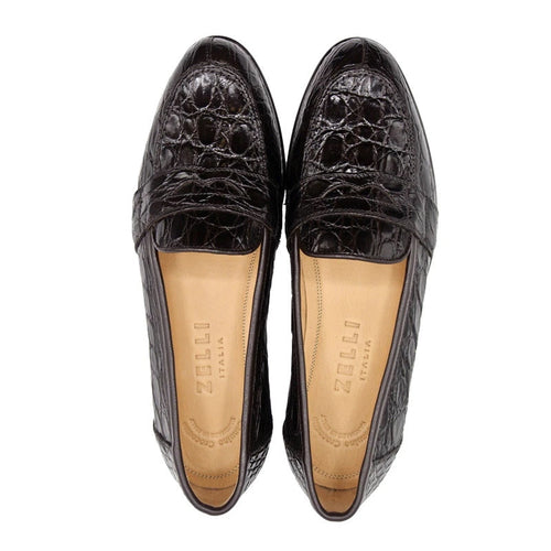 Zelli Tuscany Genuine Caiman Crocodile Penny Loafer in Nicotine
