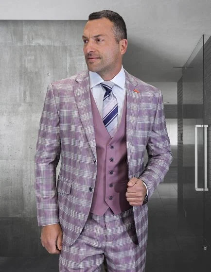 Statement Men’s 3-Piece 100% Wool Modern Fit Suit – Coordinating Solid Color Vest