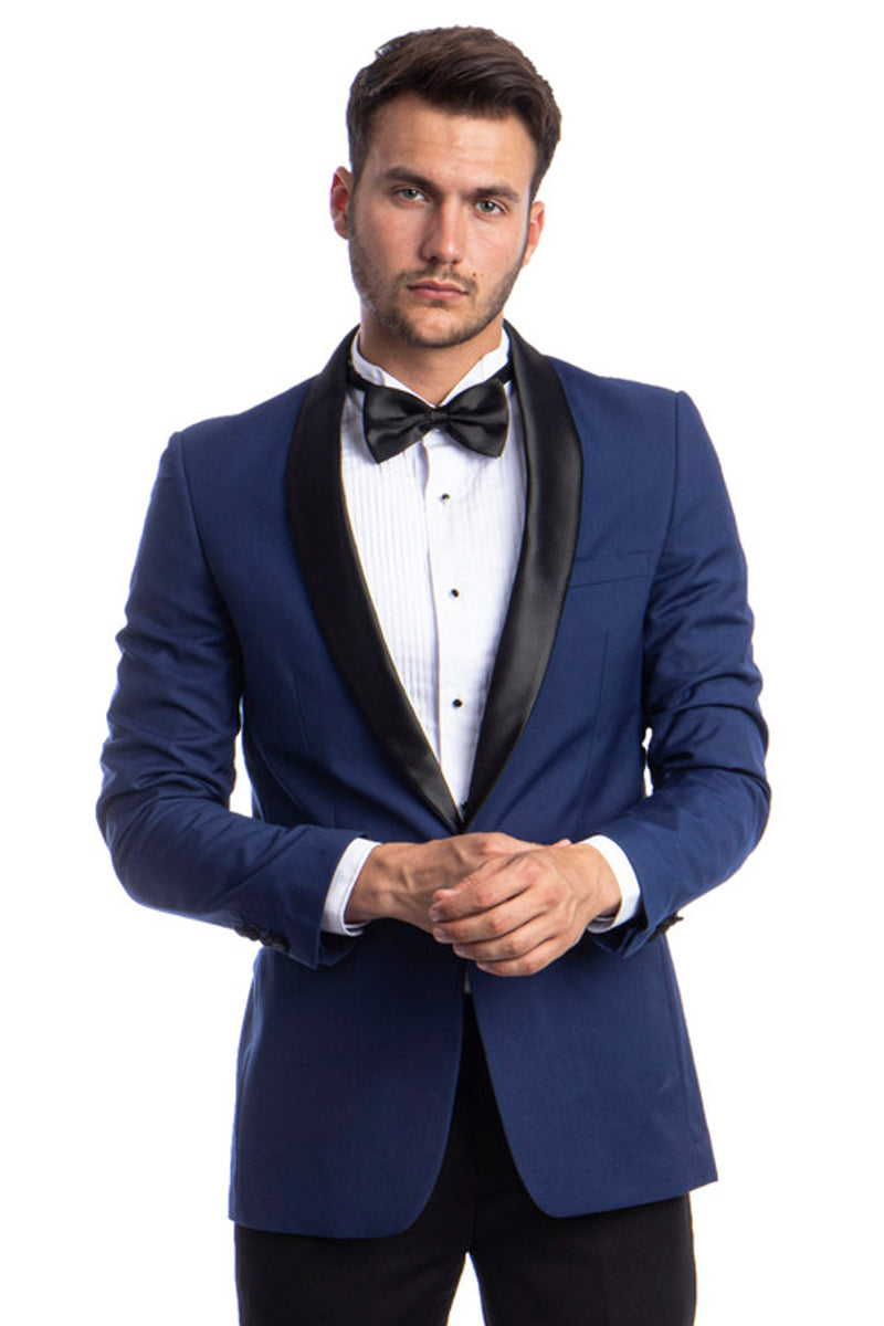 Azzuro Men's One-Button Skinny Fit Blue Shawl Lapel Prom and Bridal Tuxedo