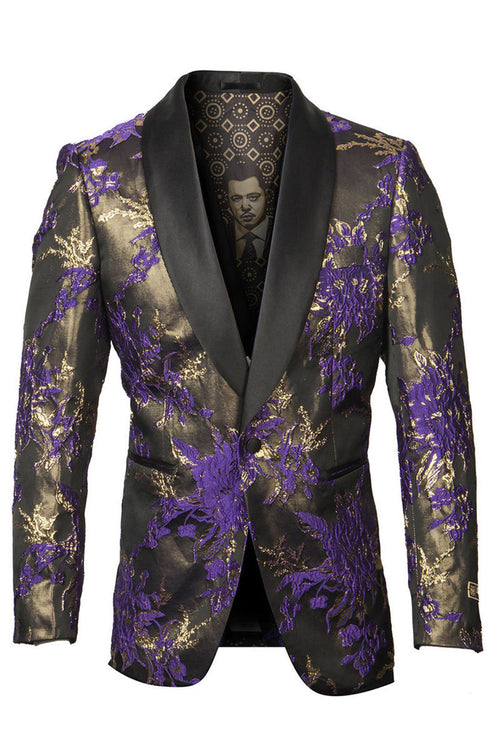 "Paisley Prom Tuxedo Jacket - Men's Shiny Satin in Purple & Gold"