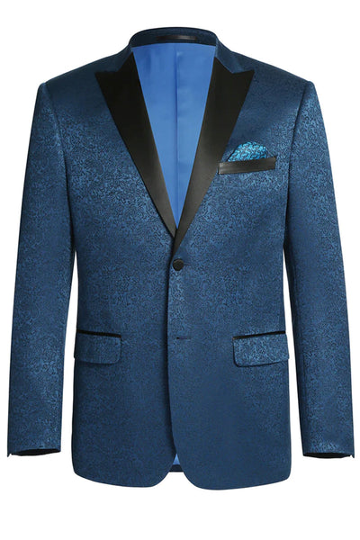 "Exquisite Teal Blue Paisley Prom or Bridal Tuxedo Jacket with Peak Lapels"