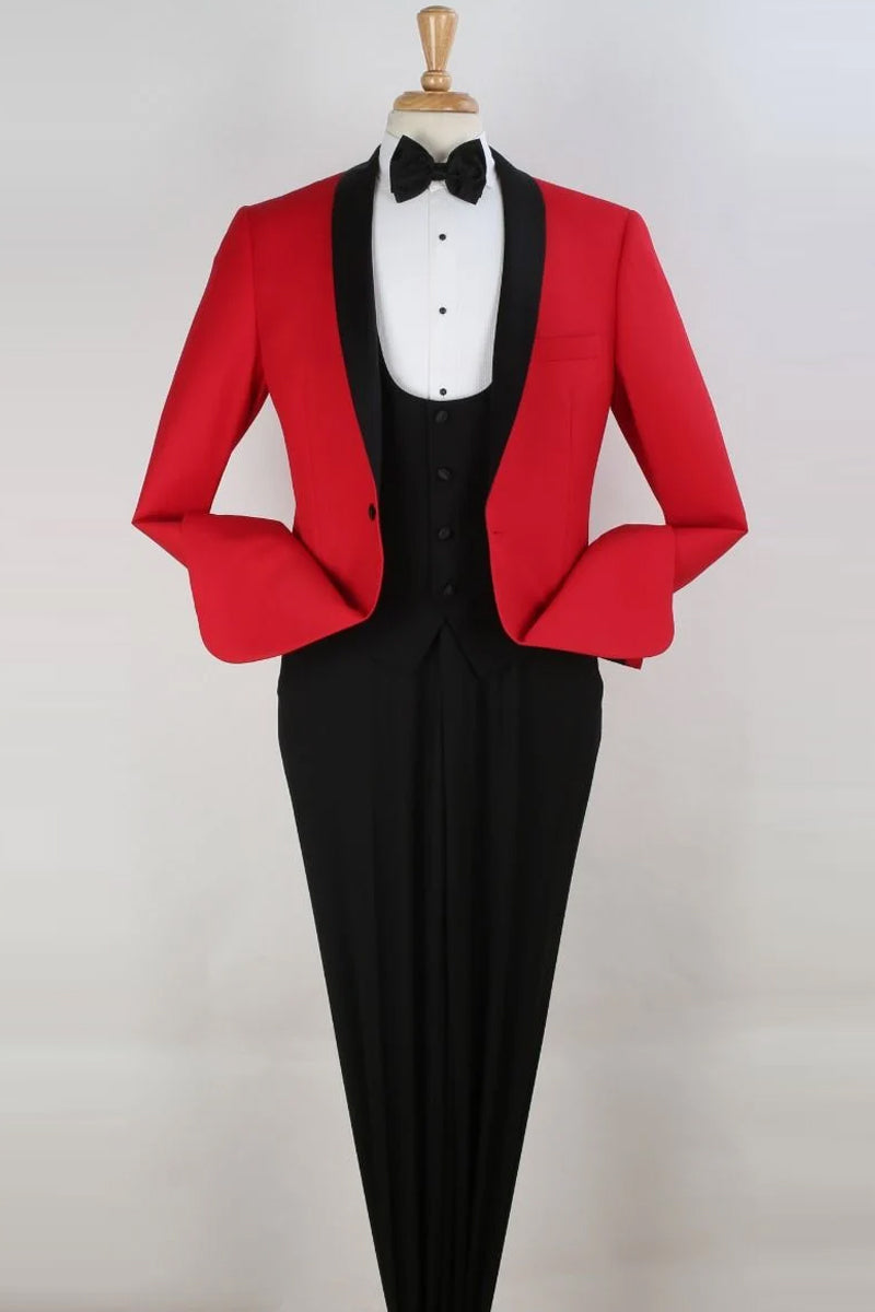 "Regal Prom or Bridal Tuxedo: Diamond Red Shawl Collar with Scoop Vested Single Button"