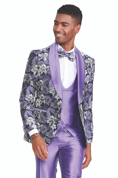 "Purple Paisley Shawl Lapel Prom Tuxedo - Men's Slim Fit One Button Vested" Purple Prom Dress
