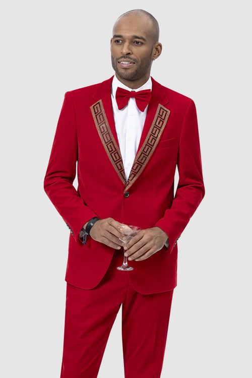 "Red Velvet Tuxedo Suit for Men - Modern Fit with Gold Sequin Lapel"
