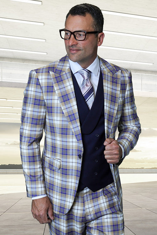 Statement Men's 3 Piece 100% Wool Powder Blue Suit - Double Breasted Vest