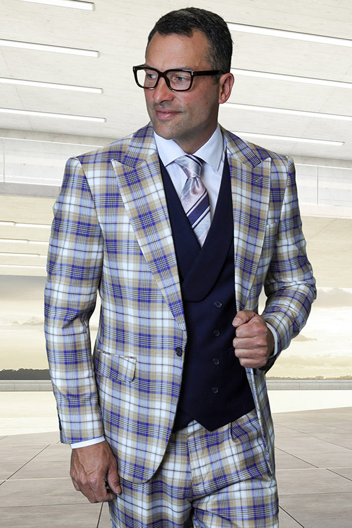 Statement Men's 3 Piece 100% Wool Powder Blue Suit - Double Breasted Vest